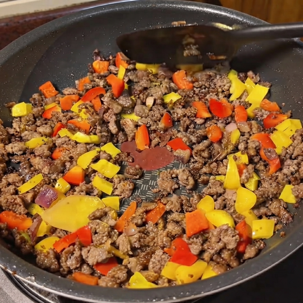 Yellow curry sauce being poured from a container into a skillet filled with beef and mixed vegetables.