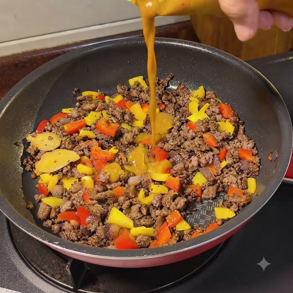 Hot water being poured from a kettle into a cooking pan filled with beef and curry ingredients.