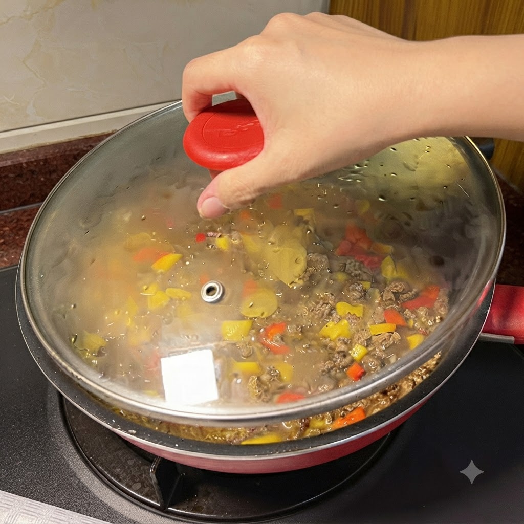 Slices of cheese being placed over the simmering curry beef mixture inside a covered pan.