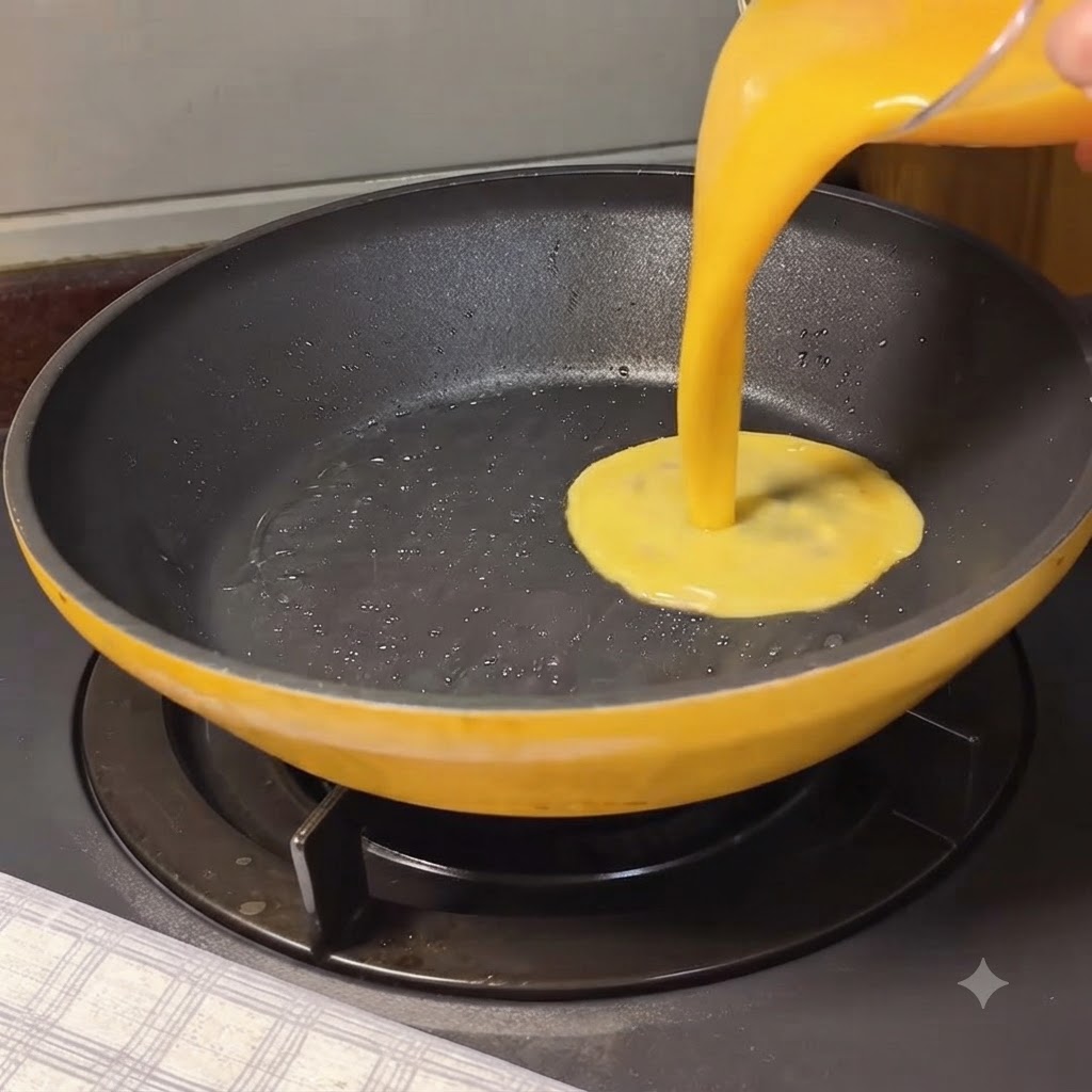 Beaten eggs being poured into a heated frying pan to create a soft omelet.