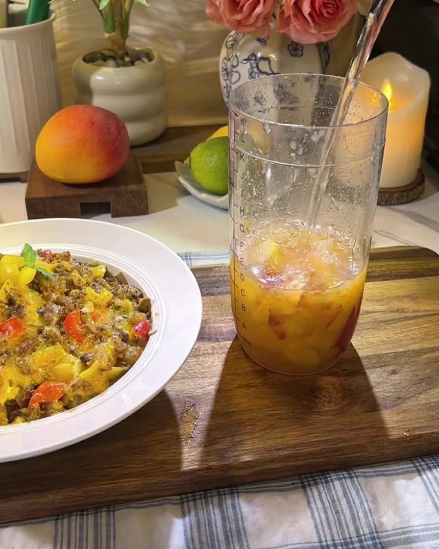 Brewed oolong tea being poured into a tall glass containing muddled fruit and lemon slices.