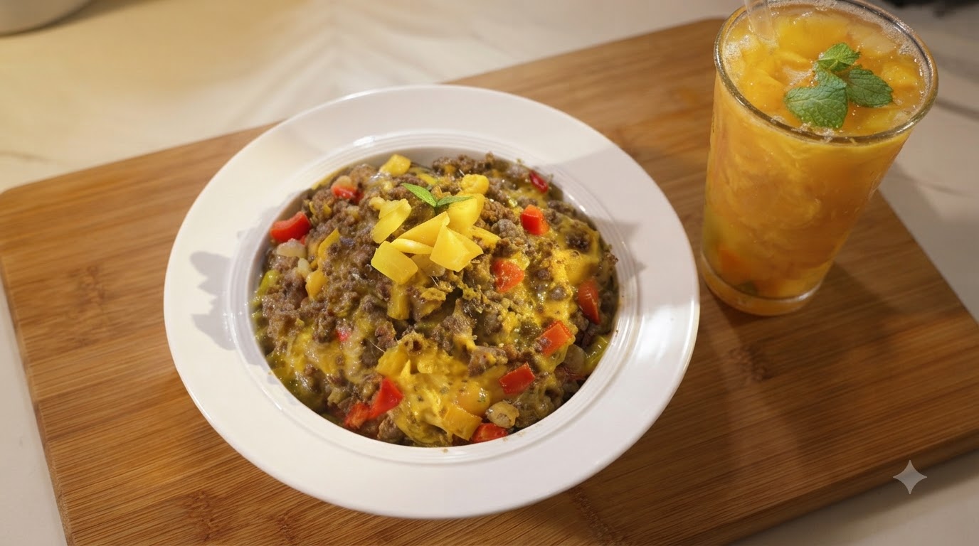 Cheesy Curry Beef Rice Bowl and Peach Oolong Tea