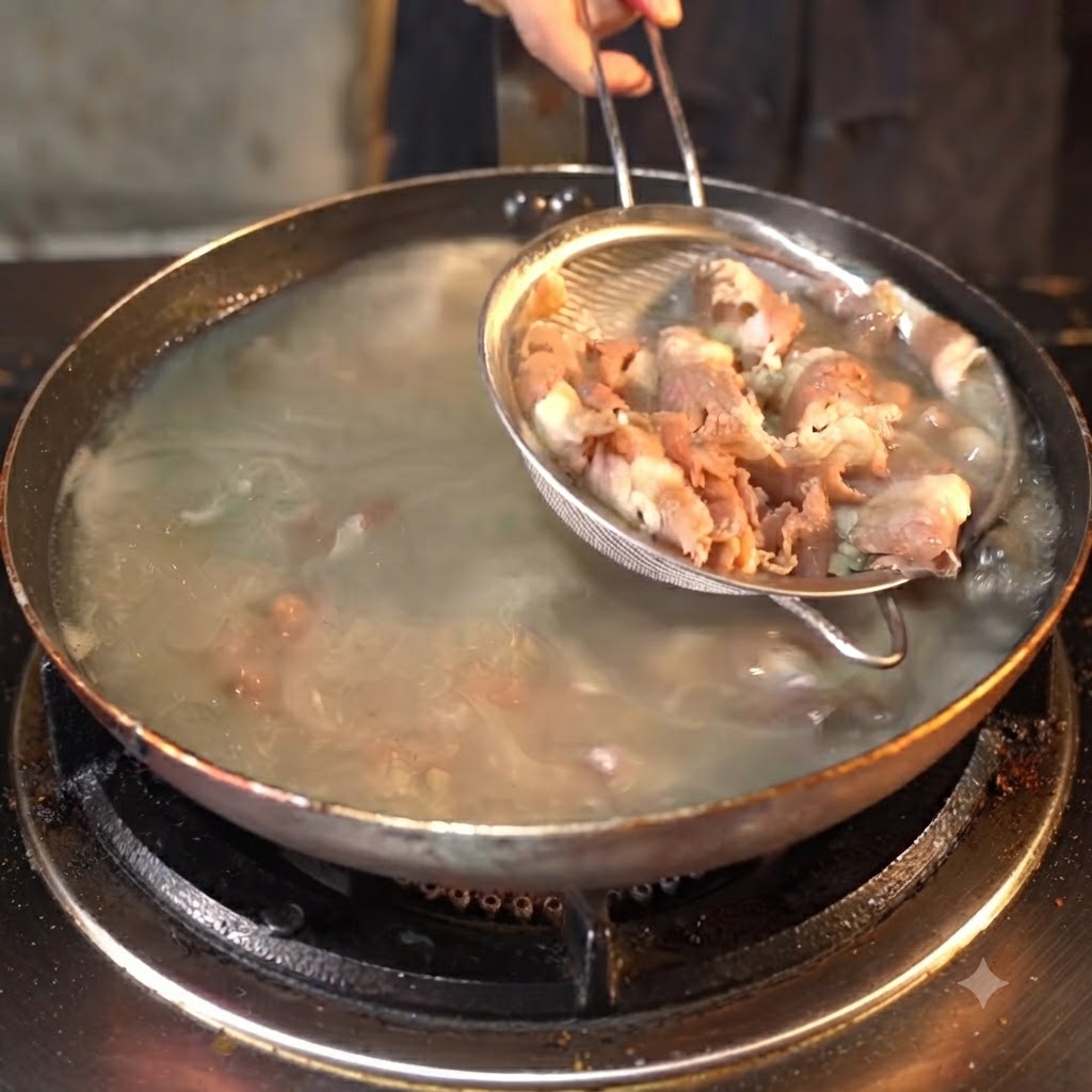 A strainer scooping boiled beef rolls out of a pan of water.