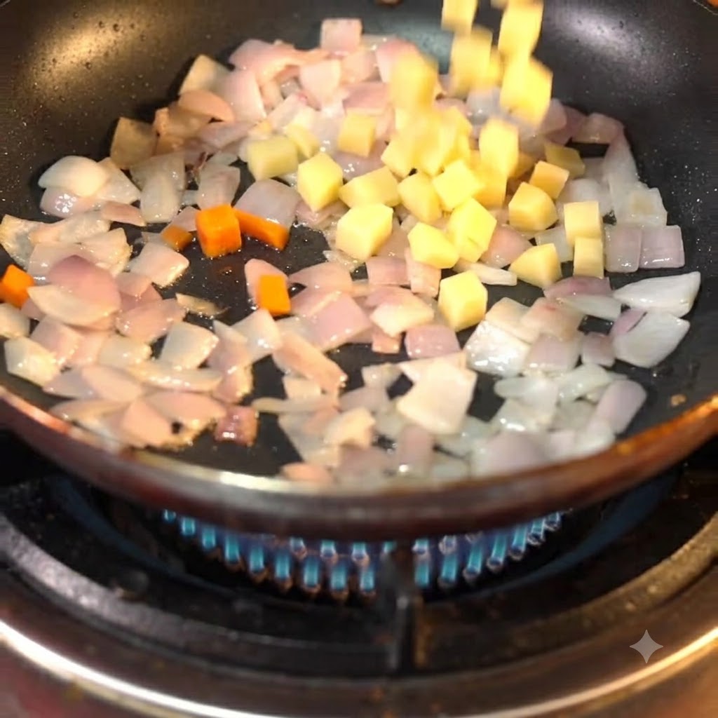 Diced potatoes and carrots added to the pan with fried onions.