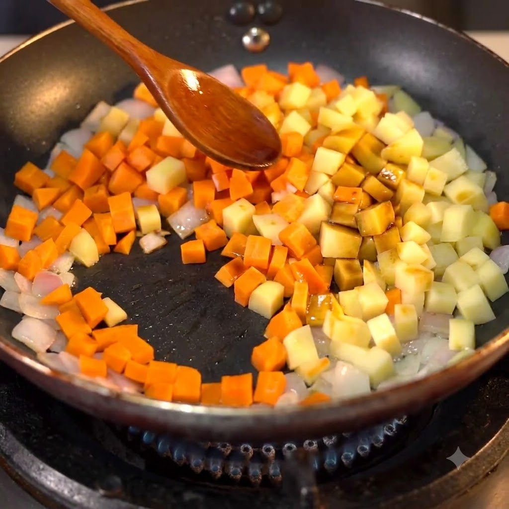 Light soy sauce being poured onto the potato and carrot mixture in a pan.
