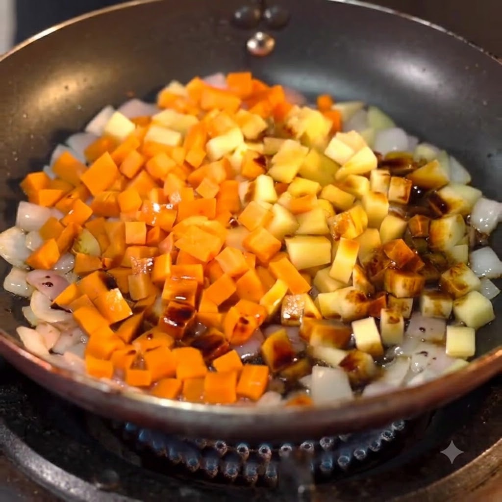 Milk being poured into a pan filled with chopped vegetables.