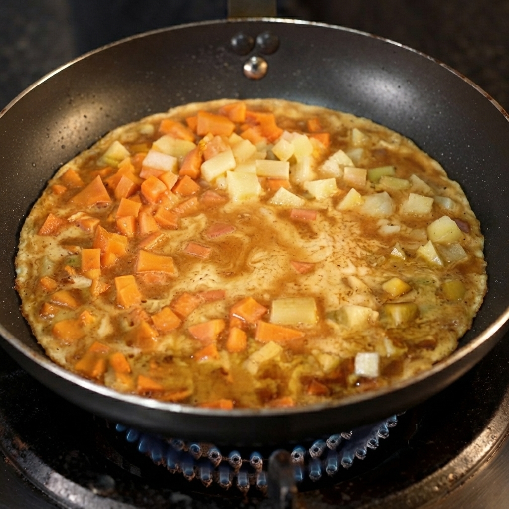 Clear water added to the pan mixture containing vegetables and milk.