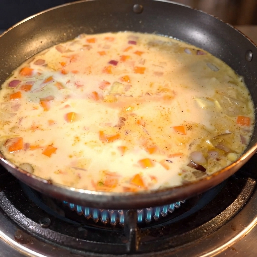 Curry blocks resting inside the simmering liquid mixture in the skillet.