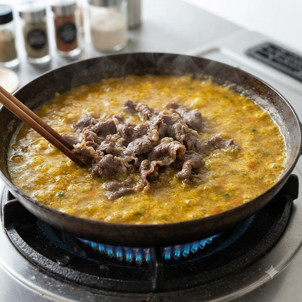 Beef slices being mixed with chopsticks inside a bubbling yellow curry sauce in a skillet over a gas burner.