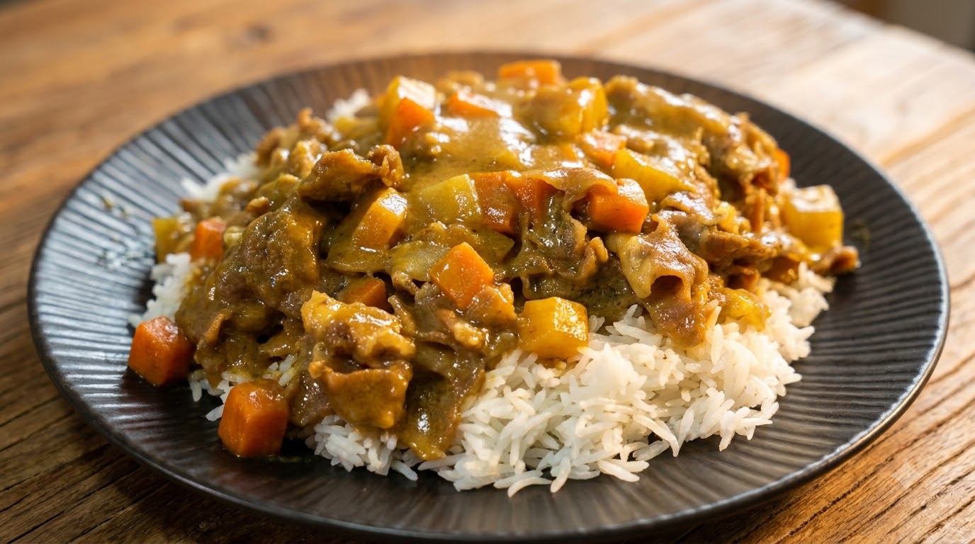 A plate of fluffy white rice topped with rich curry beef, carrots, and potatoes, coated in a glossy golden-brown curry sauce.