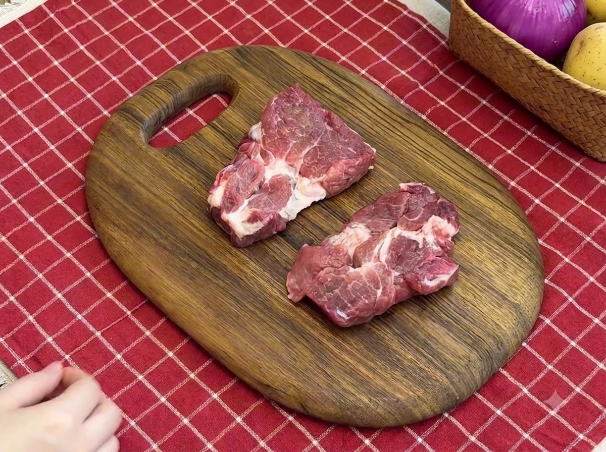 Two raw pork chops resting on a wooden cutting board, being prepared with a sharp tool.