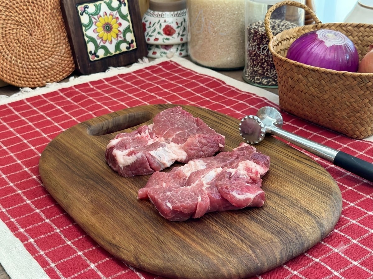 A meat mallet resting beside two tenderized raw pork chops on a wooden cutting board.