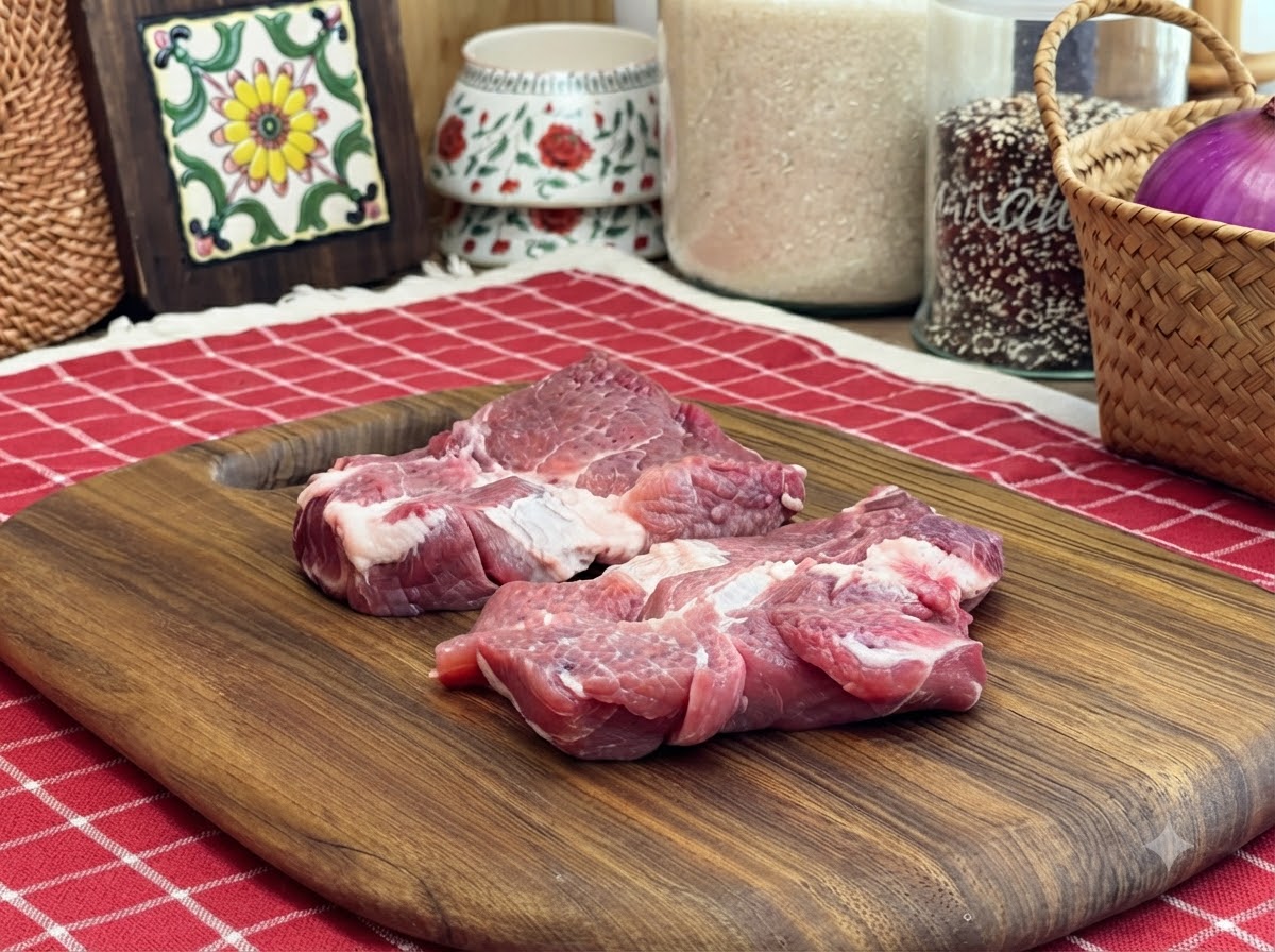 Seasoned raw pork chops resting on a wooden board before marinating.