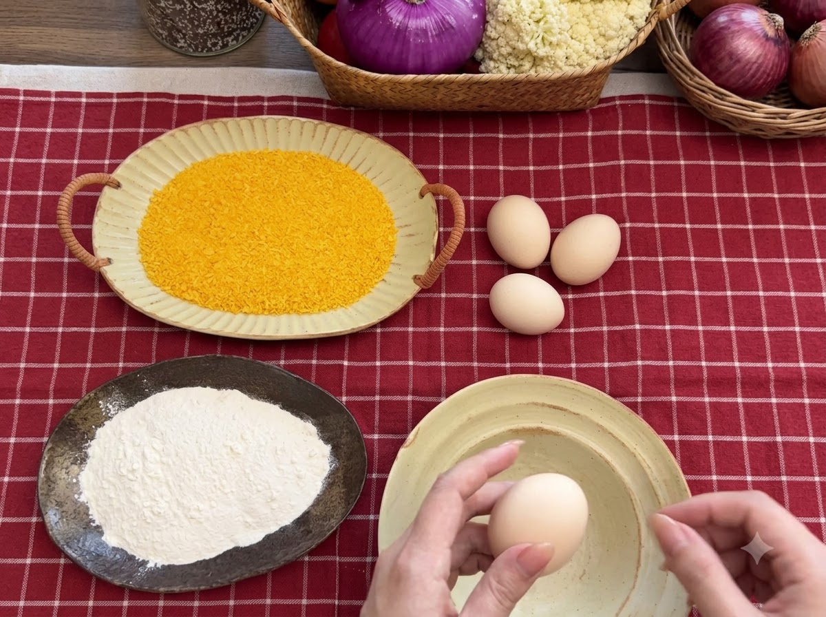 Dishes containing flour, breadcrumbs, and a bowl of beaten eggs arranged on a red checkered tablecloth.