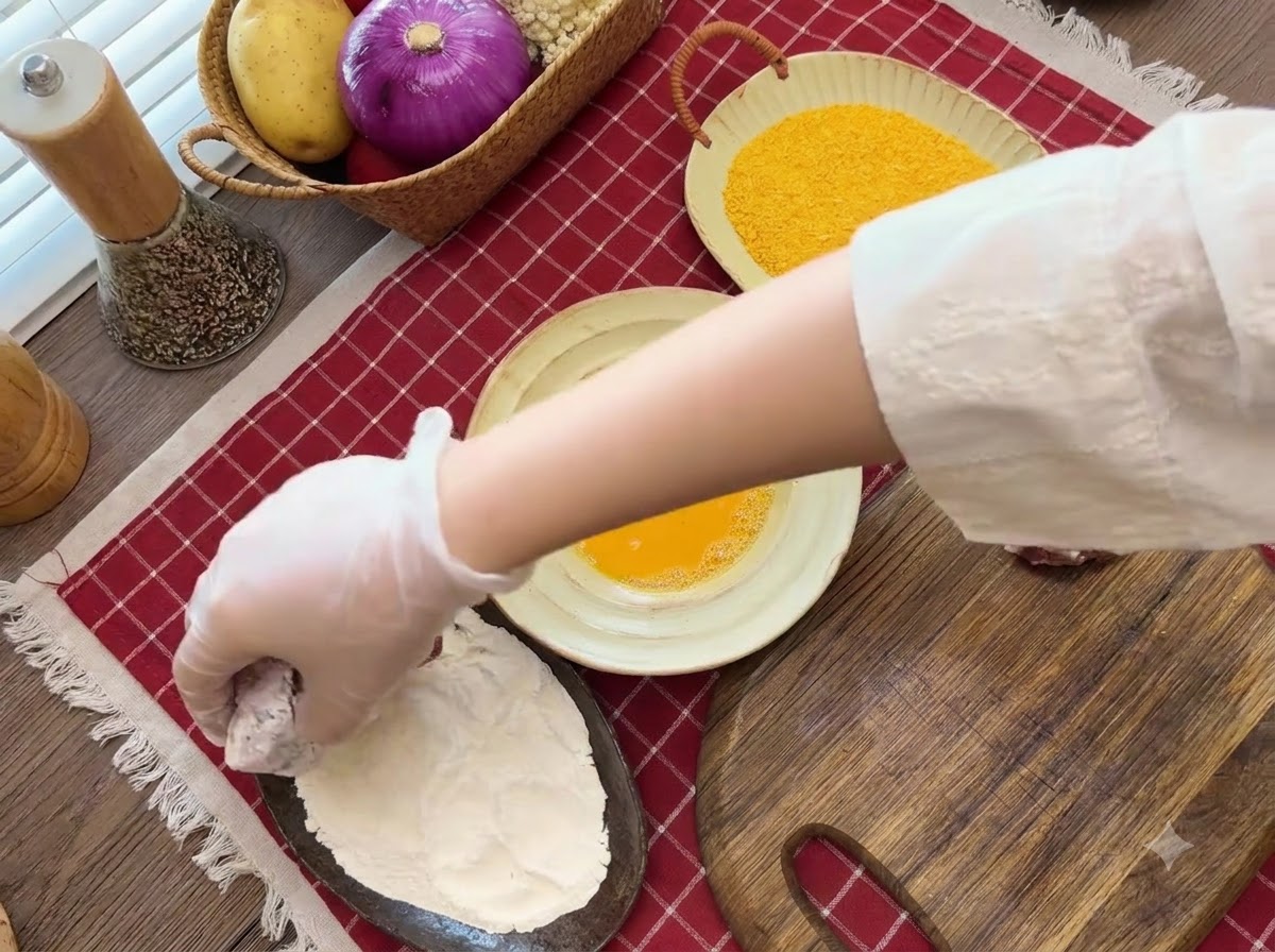 A gloved hand coating a piece of meat in flour next to bowls of egg wash and breadcrumbs.