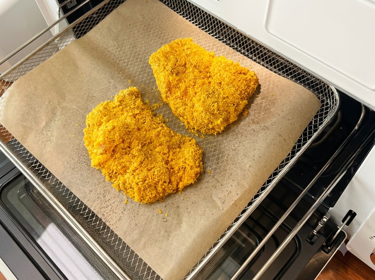 Breadcrumb-coated pork chops arranged on parchment paper inside an oven baking tray.