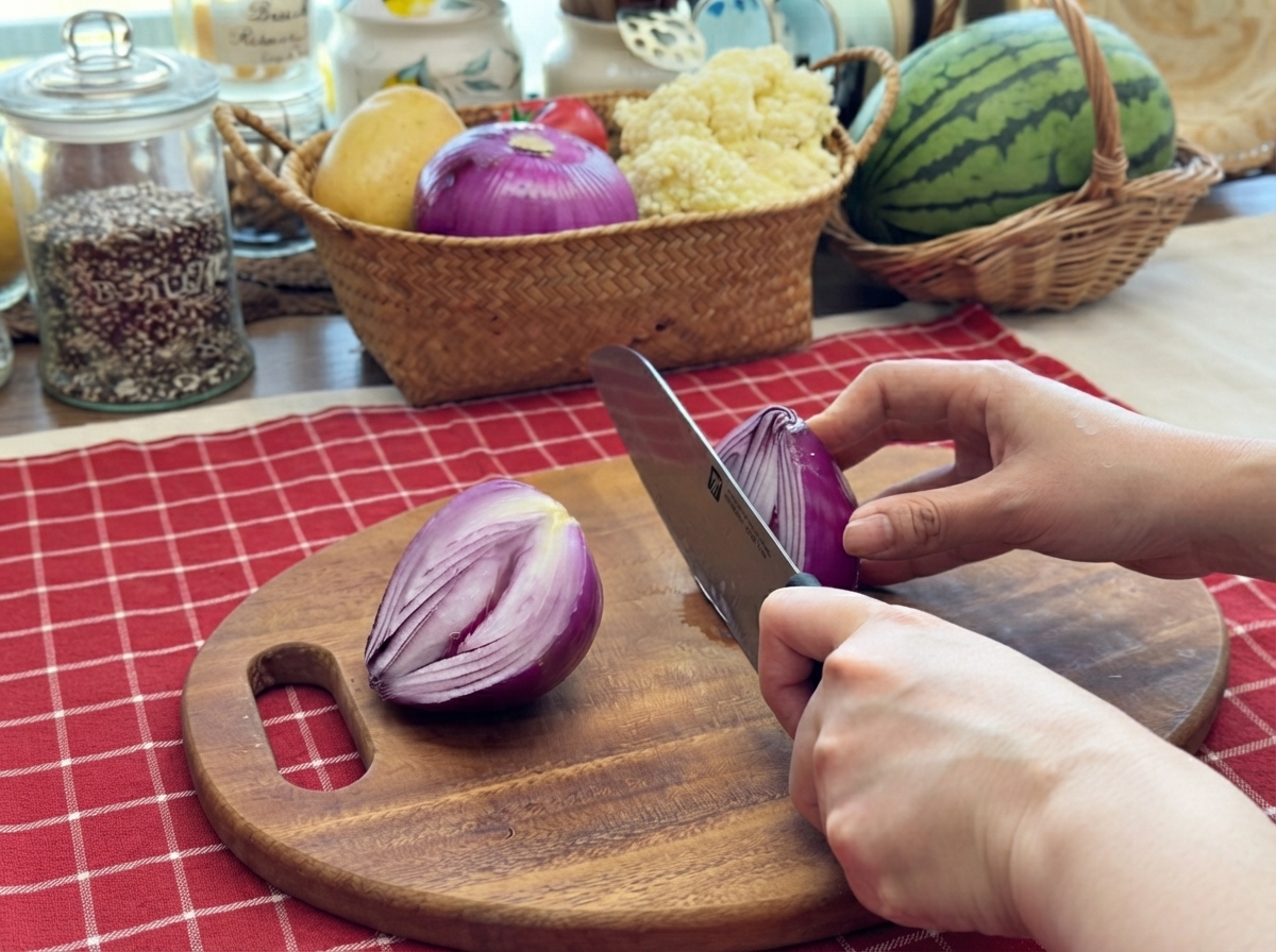 Red onion being sliced and chopped with a sharp kitchen knife on a round wooden cutting board.