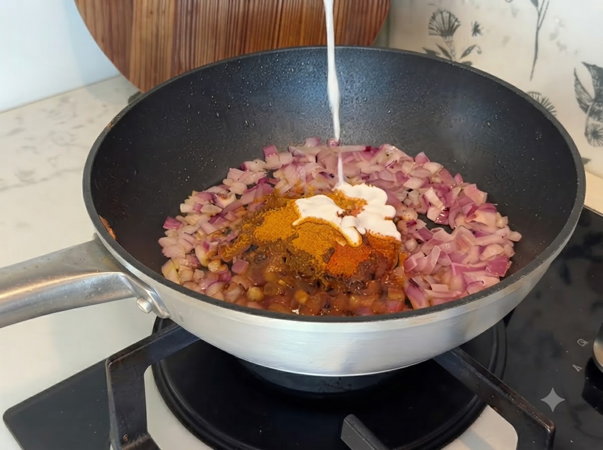 Coconut milk being poured from above into the pan with curry spices and onions.