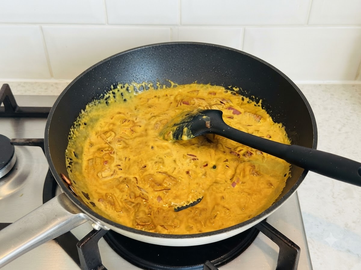 Rich yellow curry sauce being stirred in a dark skillet with a black silicone spatula.