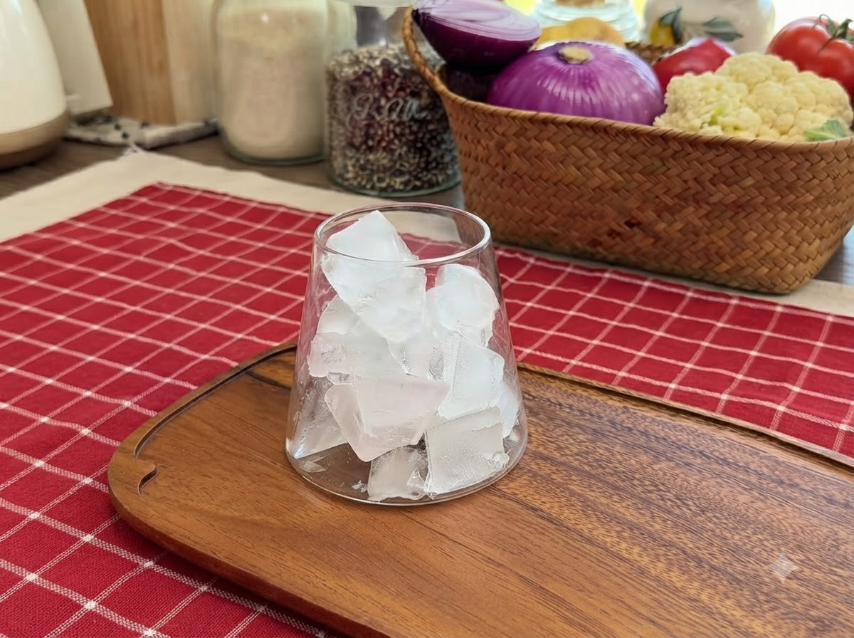 Ice cubes filling the bottom of a clear drinking glass on a wooden serving tray.