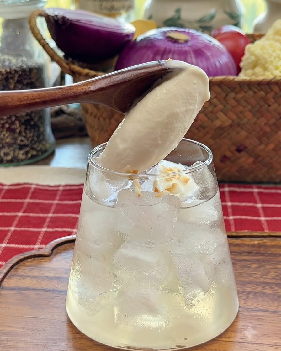 A wooden spoon adding a scoop of ice cream on top of a coconut drink garnished with coconut flakes.