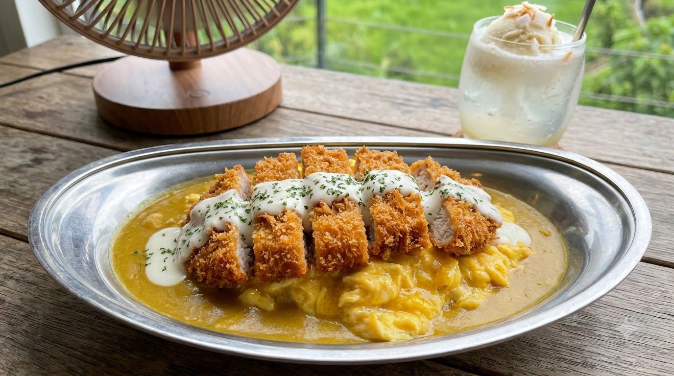 A finished dish of crispy baked pork chop with coconut curry and scrambled eggs on a silver oval plate.