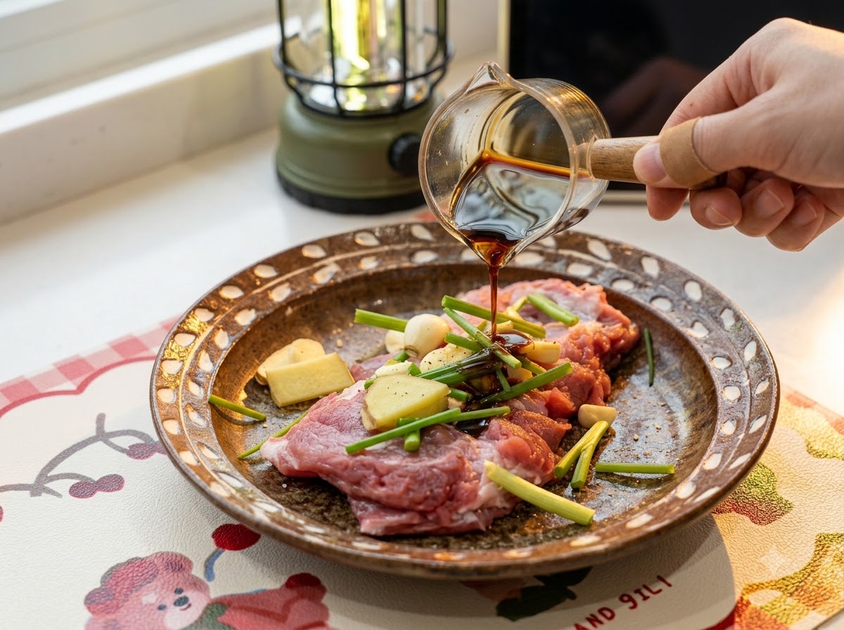 Dark liquid seasoning being poured from a glass measuring cup onto raw pork chop pieces in a patterned ceramic bowl.