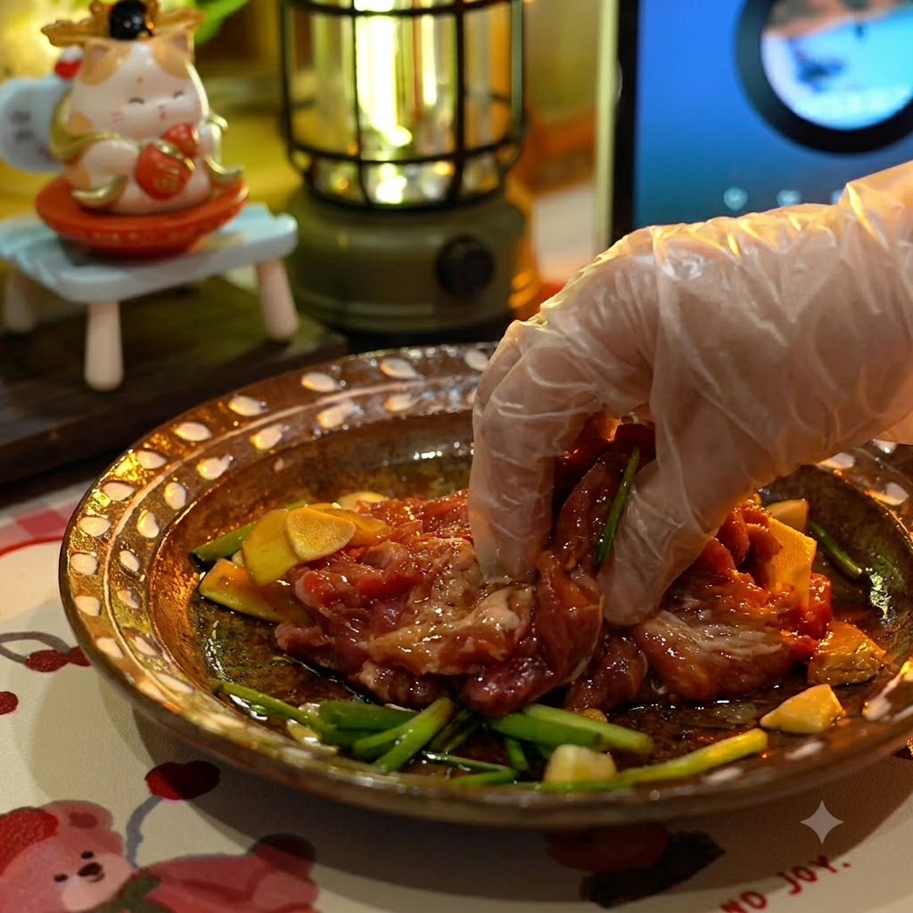 A gloved hand massaging marinade and aromatics into raw pork chop pieces inside a ceramic bowl.