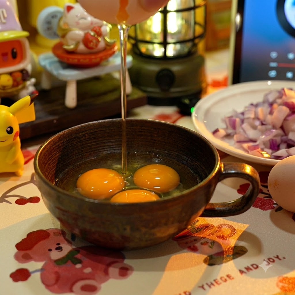 An egg being cracked into a dark brown ceramic mug filled with raw egg yolks while using chopsticks.
