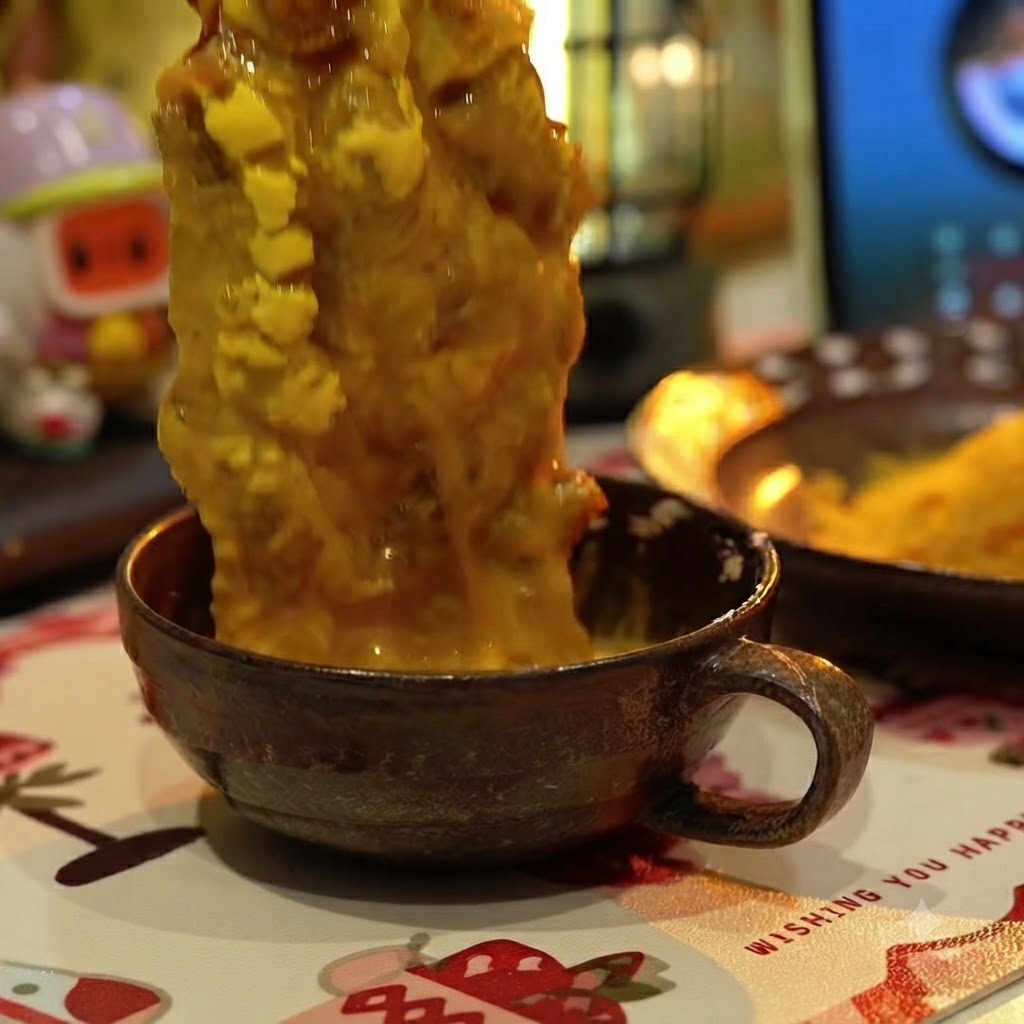 A piece of pork chop being dipped into a brown mug filled with yellow beaten egg wash.