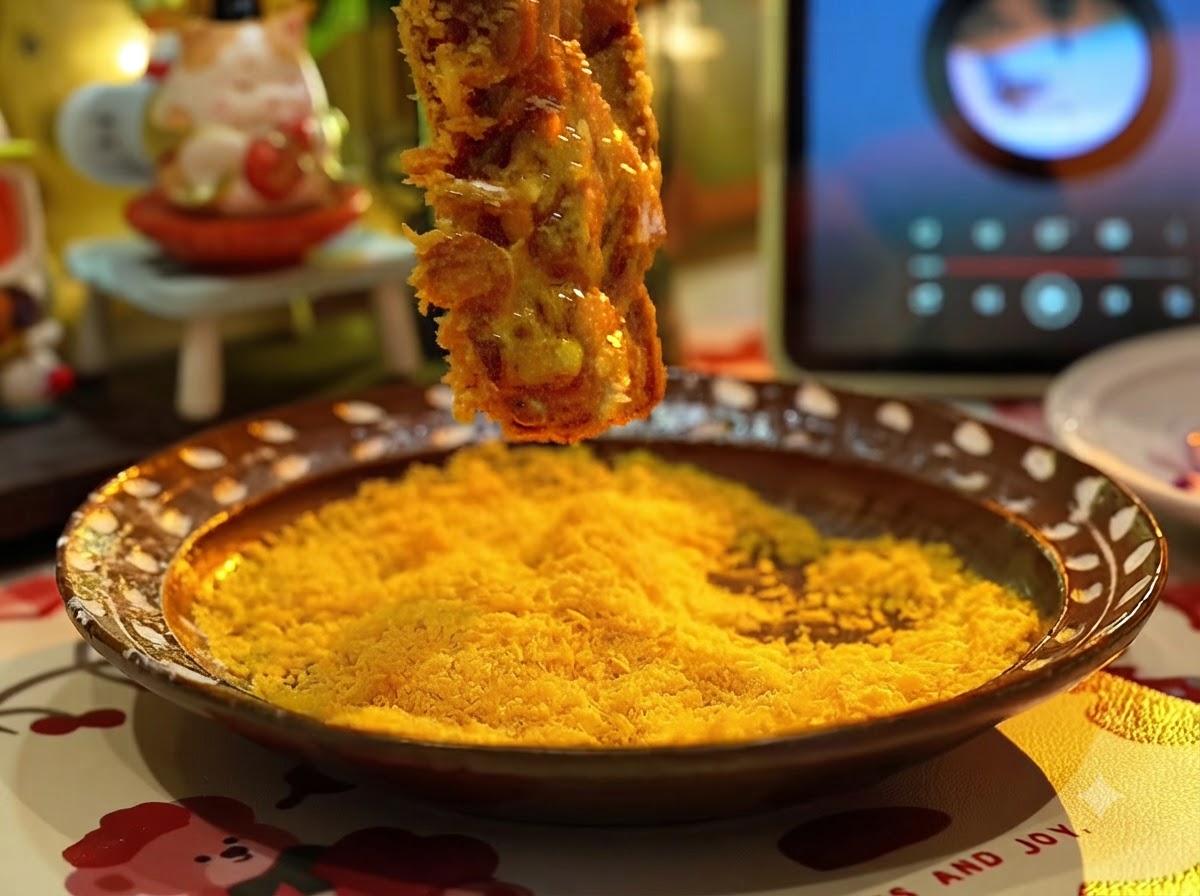 A pork chop being pressed into a shallow dish of golden panko breadcrumbs to coat it completely.