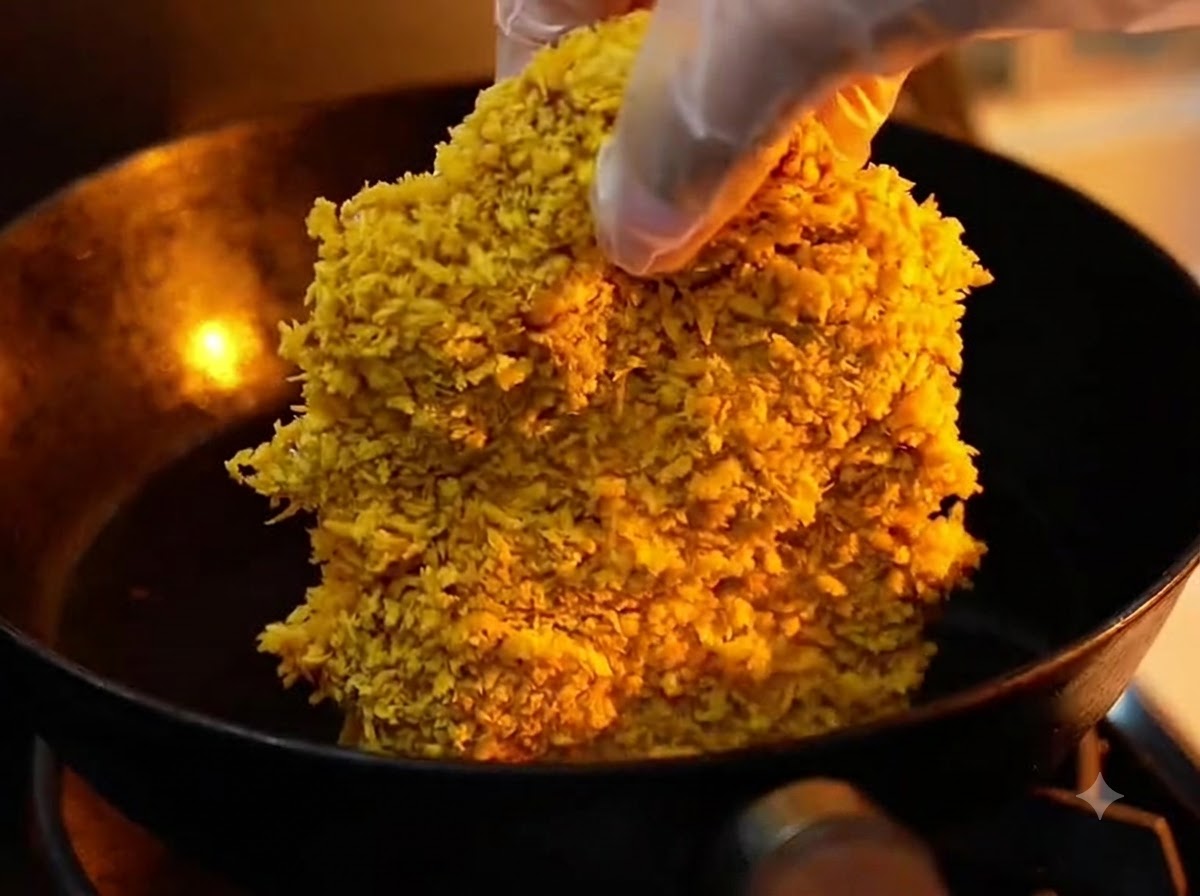 A breaded pork chop being carefully lowered into a black skillet filled with hot bubbling oil.