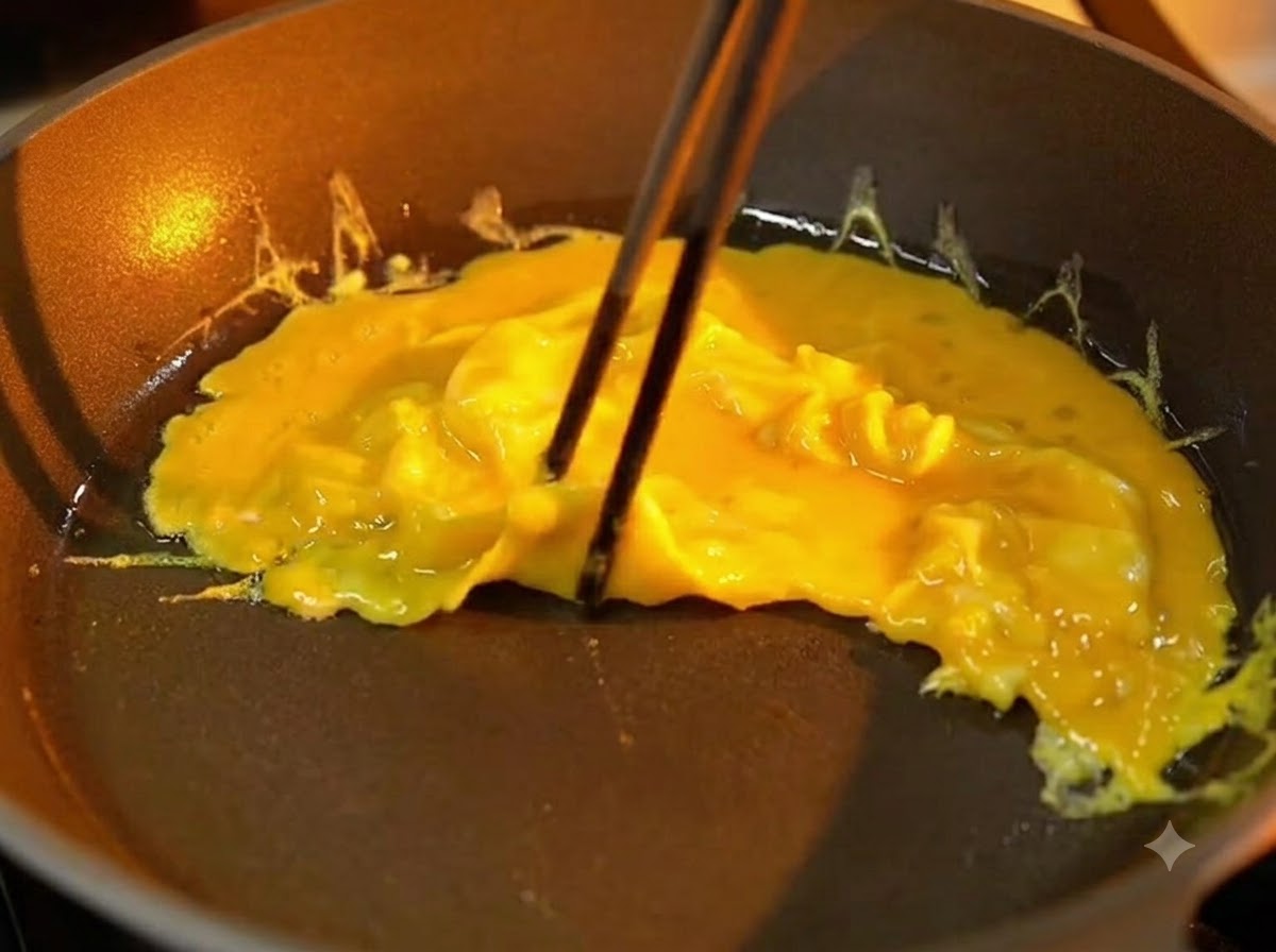 Chopsticks gently folding a soft, semi-cooked yellow omelet in a non-stick frying pan.