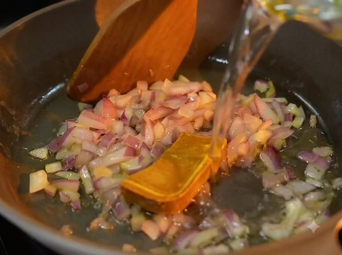 Pouring clear water from a glass measuring cup into a hot pan with diced red onions and a block of yellow curry paste.