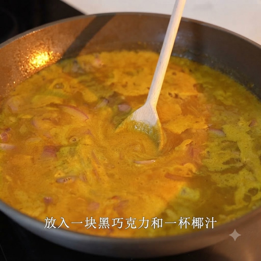 A wooden spoon stirring a simmering yellow curry sauce infused with pieces of dark chocolate in a large pan.