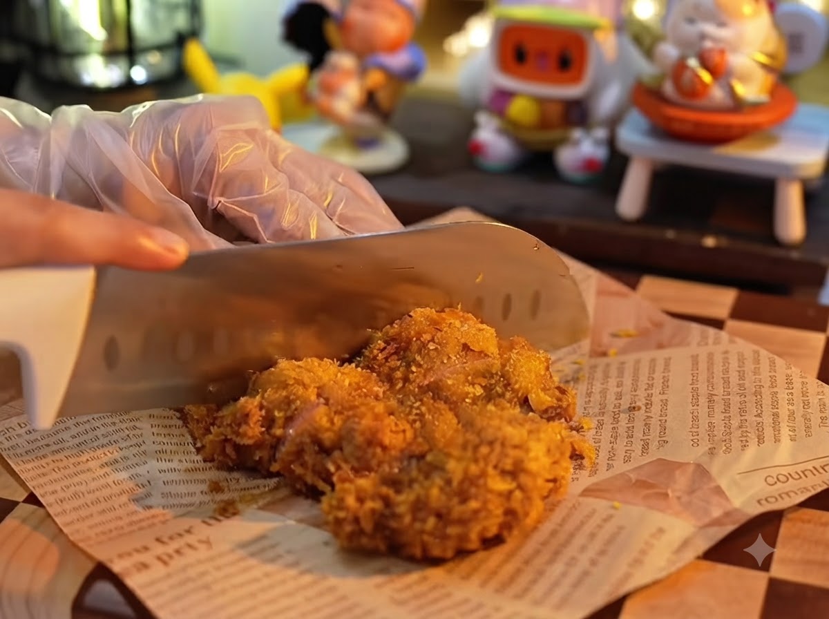 A gloved hand holding down a golden-brown fried pork chop while a large knife slices it into thick strips on parchment paper.