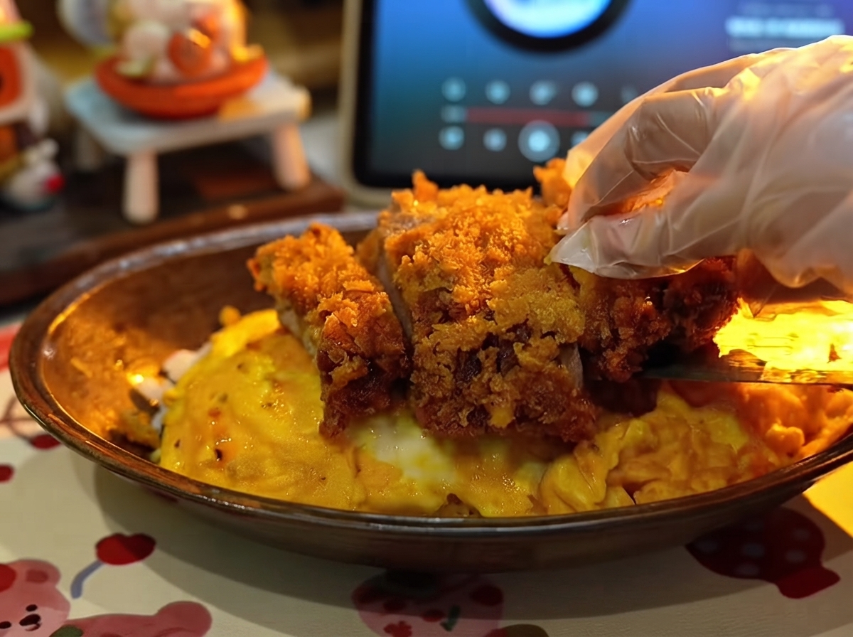 A gloved hand placing the neatly sliced pieces of crispy fried pork chop over a bright yellow soft omelet on a serving dish.
