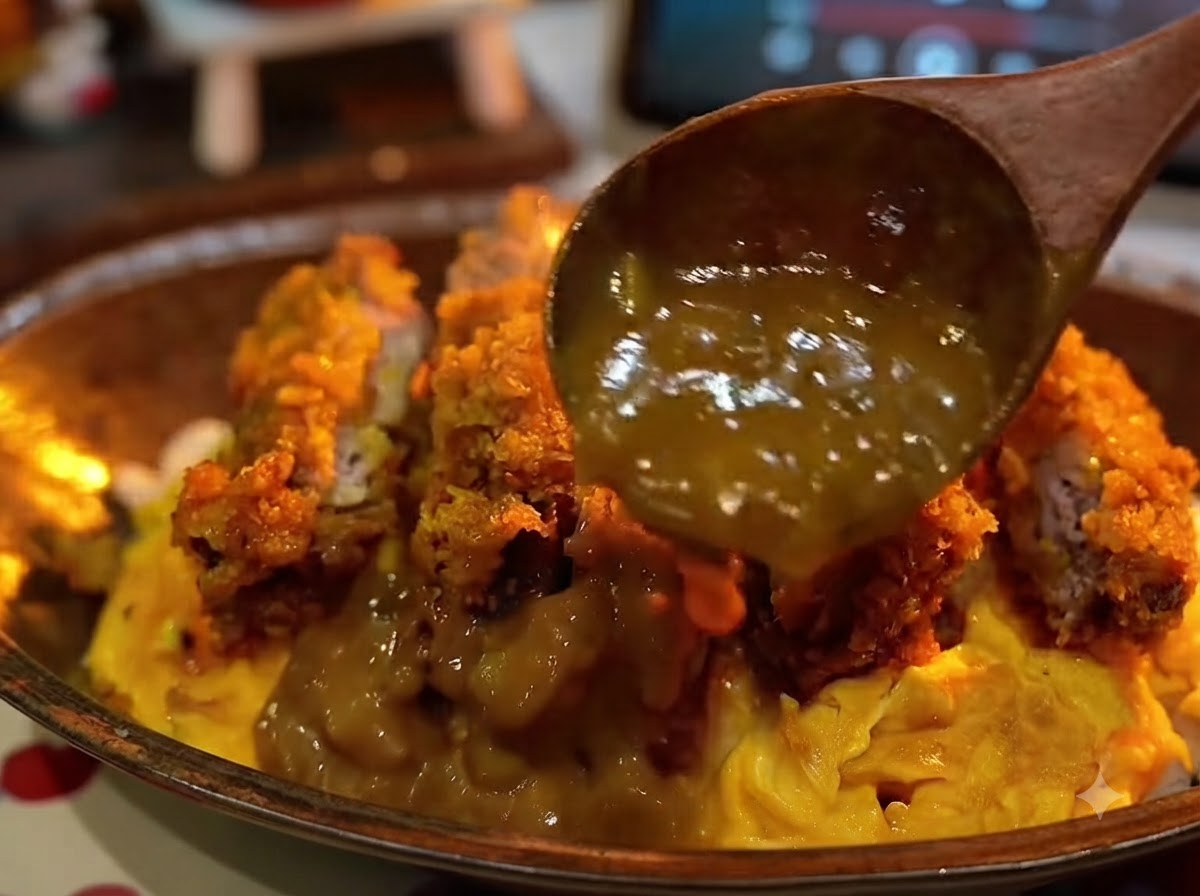 A wooden spoon pouring thick brown curry sauce over a serving of sliced crispy pork chop and a tender egg omelet.