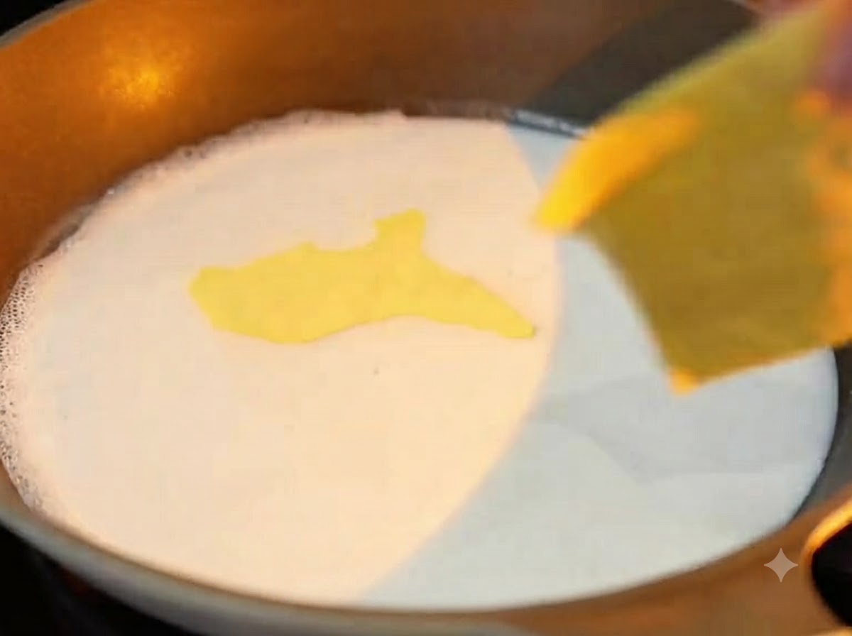 Square slices of yellow cheese melting into gently simmering white coconut milk in a skillet.