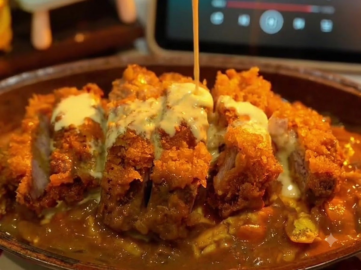 A stream of creamy white cheese and coconut sauce being drizzled over the assembled curry pork chop.