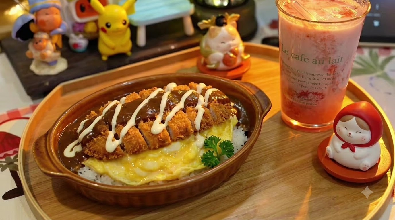 Crispy Curry Pork Chop Rice with Omelet