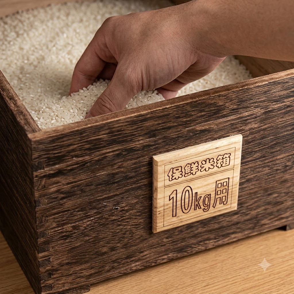 Raw white rice grains being washed inside a wooden storage box with a hand reaching in.