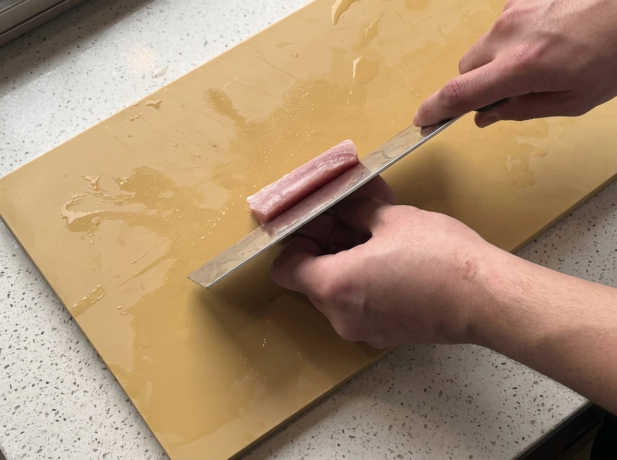 Raw pork tenderloin being sliced with a cleaver on a yellow cutting board.