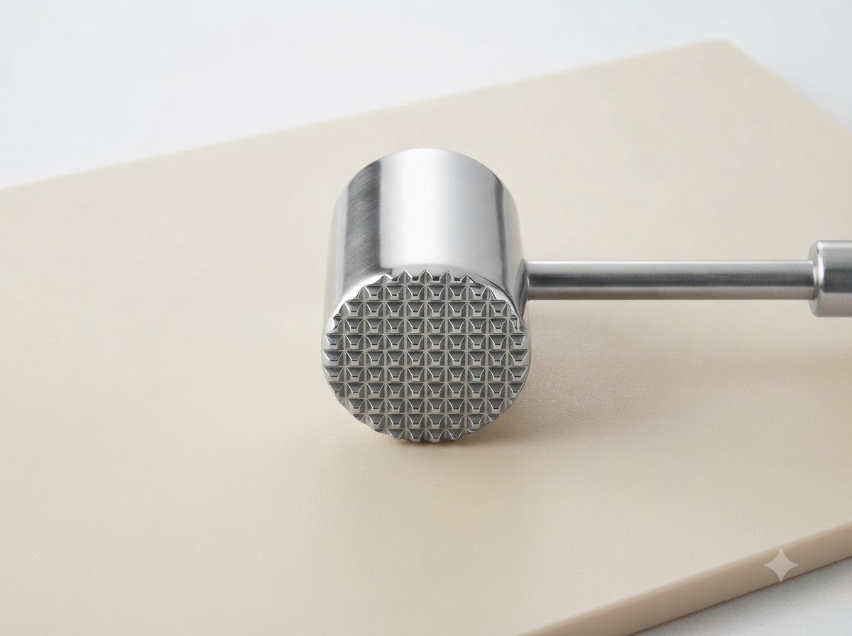 A metal meat mallet resting on a light beige cutting board.