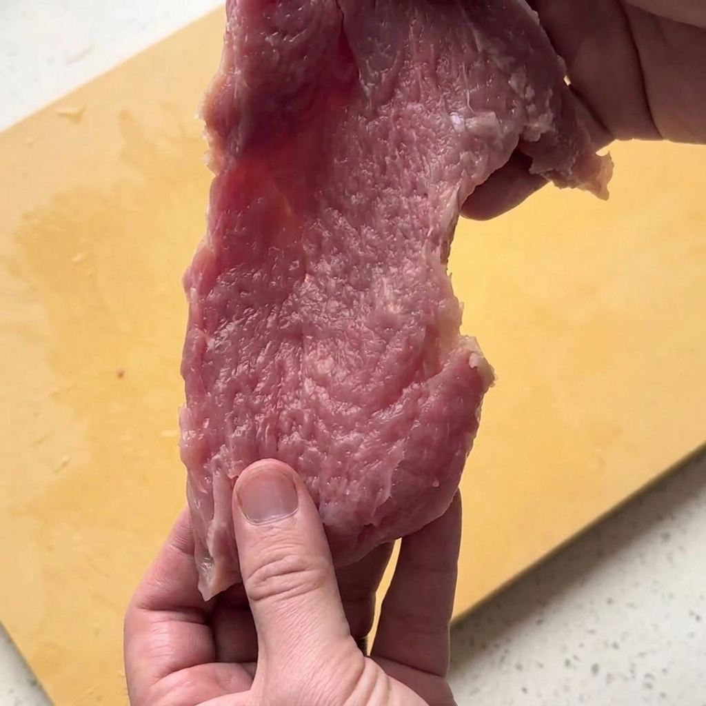 A person holding up a raw, tenderized slice of pork over a yellow cutting board.