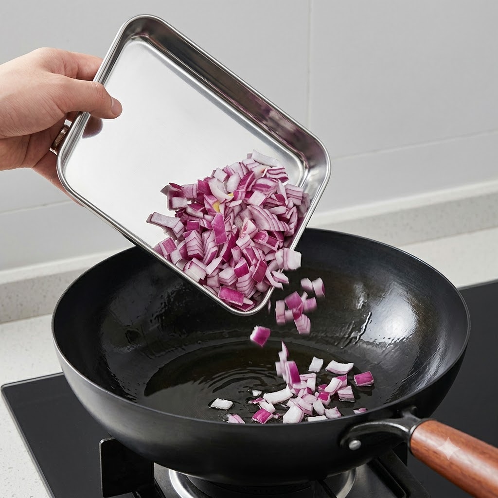 Diced red onions sliding from a tray into a hot wok with oil.