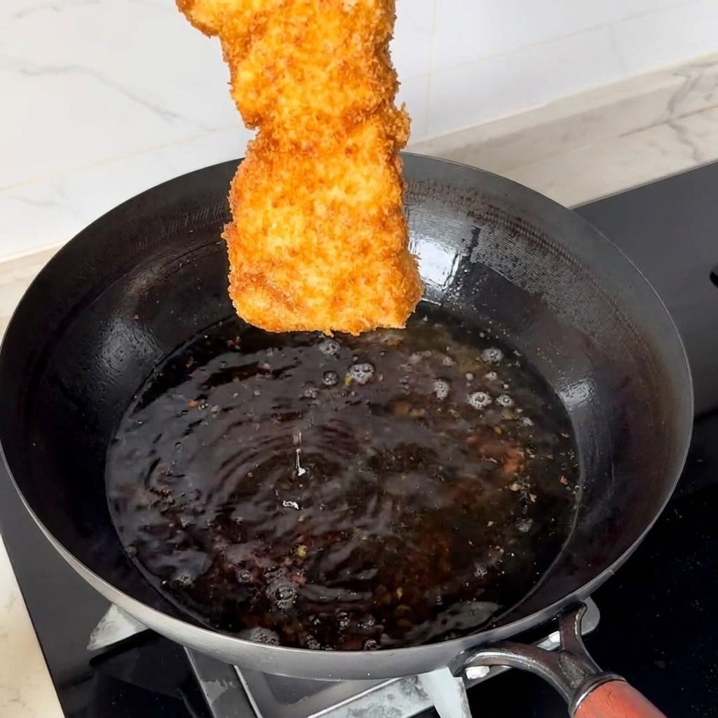 A breaded and deep-fried pork cutlet being held above a wok of hot oil.