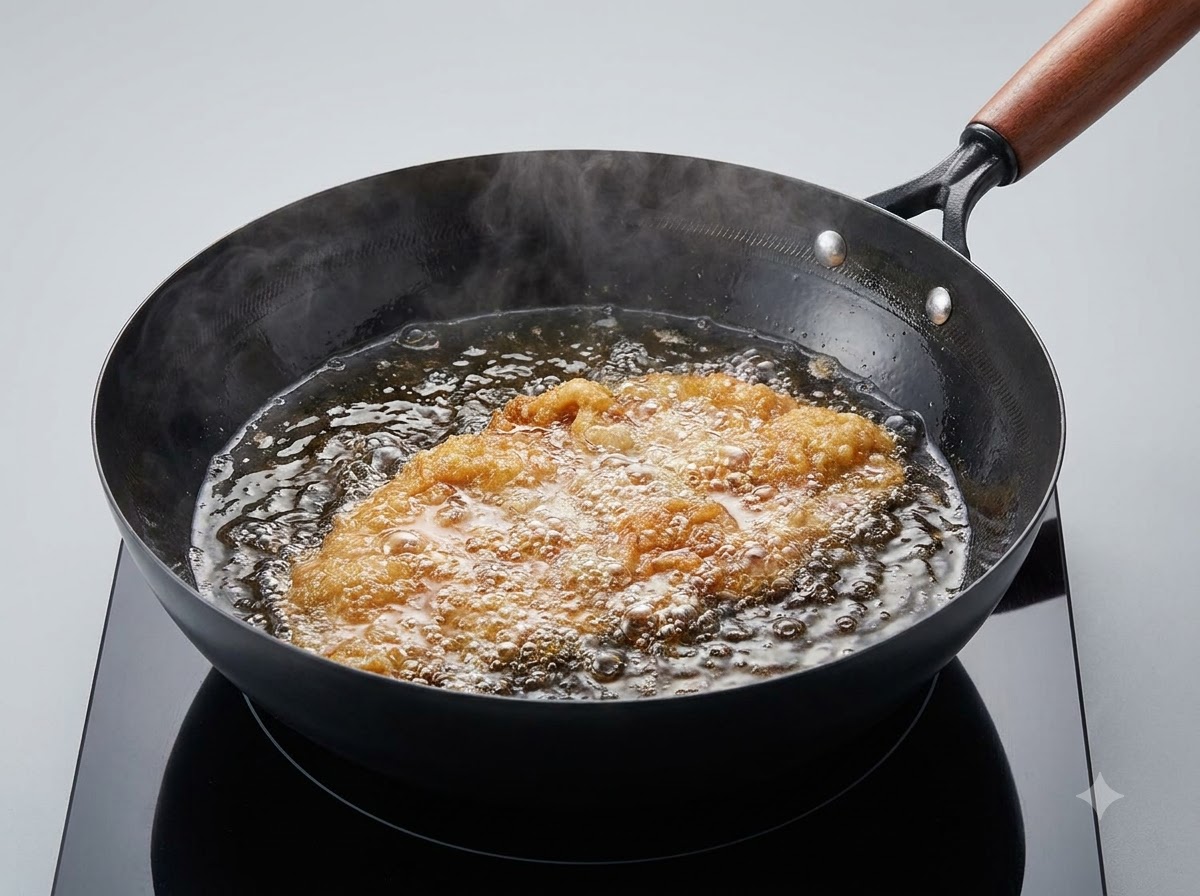 A breaded pork cutlet frying in hot bubbling oil inside a black wok.