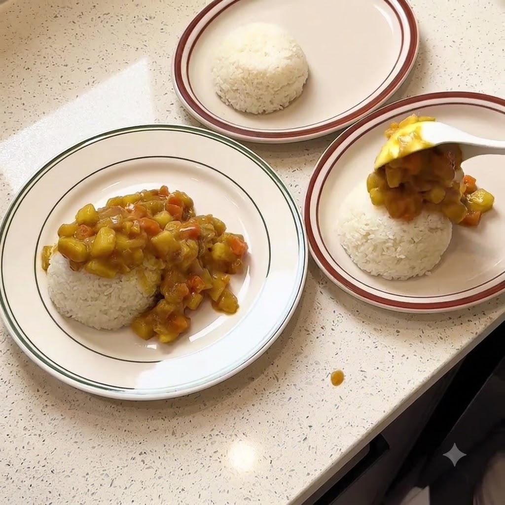 White rice molded on plates being topped with a thick vegetable curry sauce using a white spoon.
