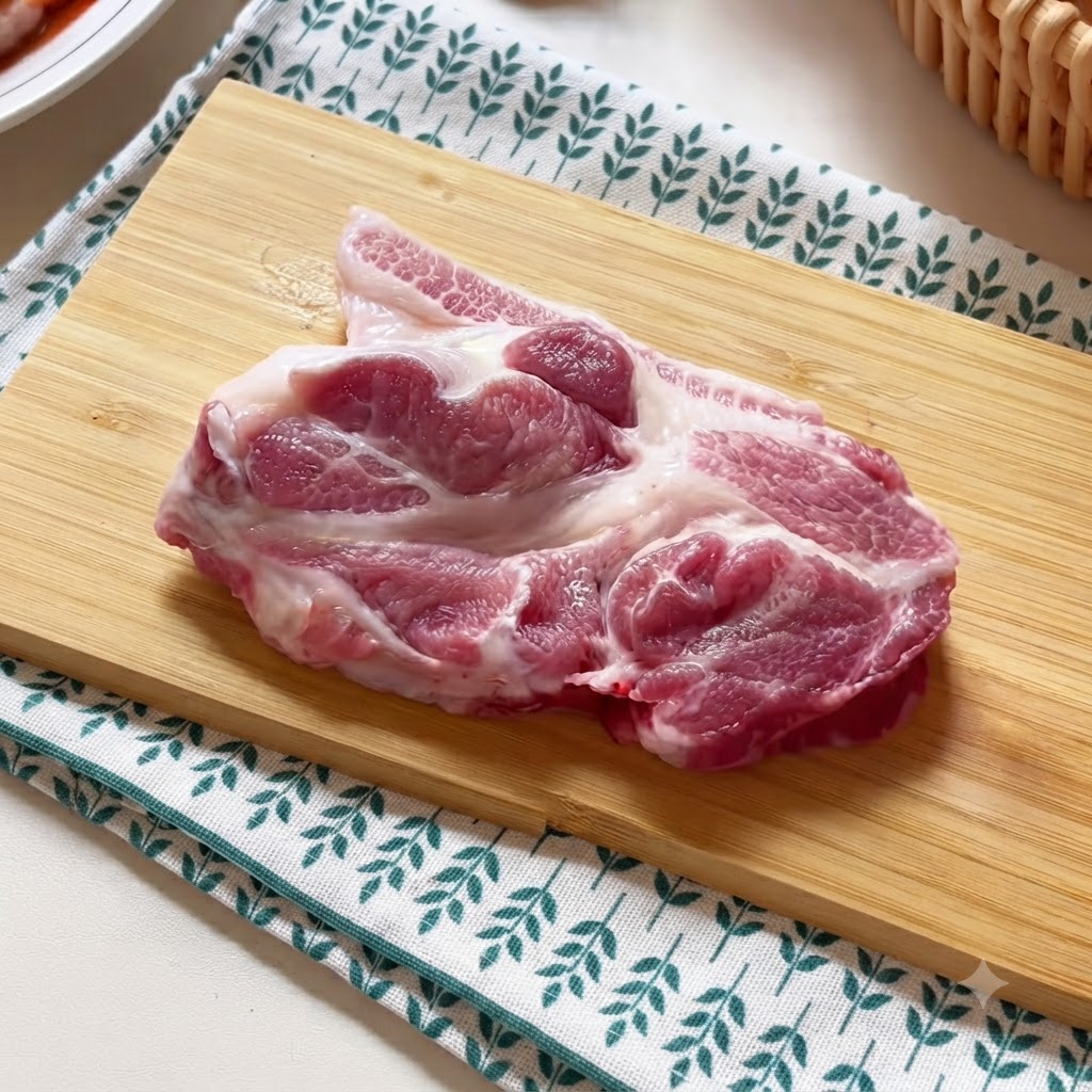 Raw pork chop placed on a wooden cutting board, being struck with a meat mallet.